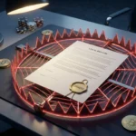 A digital illustration of a Curaçao gaming license inside a trap, surrounded by crypto coins and poker chips, symbolizing the risks of sticky bonuses at Modern World Entertainment B.V. casinos.