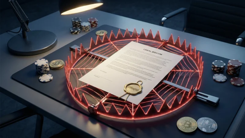 A digital illustration of a Curaçao gaming license inside a trap, surrounded by crypto coins and poker chips, symbolizing the risks of sticky bonuses at Modern World Entertainment B.V. casinos.