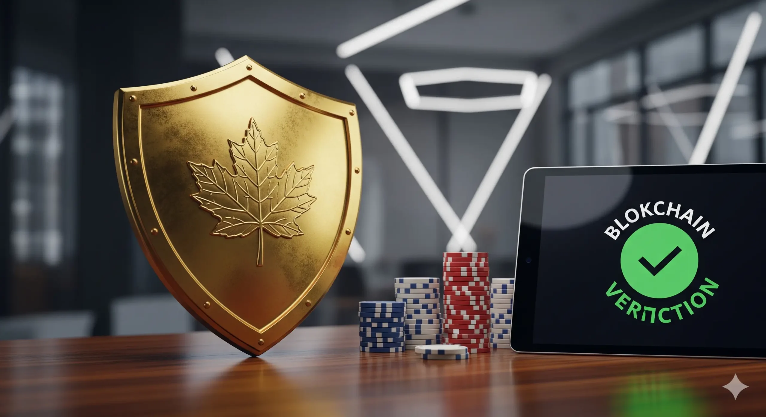 Golden regulatory shield with a maple leaf representing the Tobique Gaming Commission, illustrating player safety and blockchain verification for 2026.