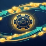 A modern digital illustration of a central ornate casino poker chip surrounded by two concentric, glowing loops of gold coins moving in a circular path, indicated by teal arrows against a dark blue gradient background.