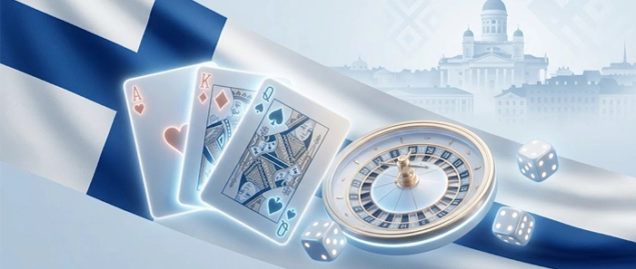 An editorial-style illustration representing Finland's online gambling market liberalisation. A minimalist composition featuring the white and blue Finnish flag blended with abstract casino elements like glowing playing cards, a roulette wheel, and stylized dice. A faint silhouette of the Helsinki skyline is in the background, all set in a cool Nordic color palette of icy blues, whites, and soft silver with warm gold highlights.