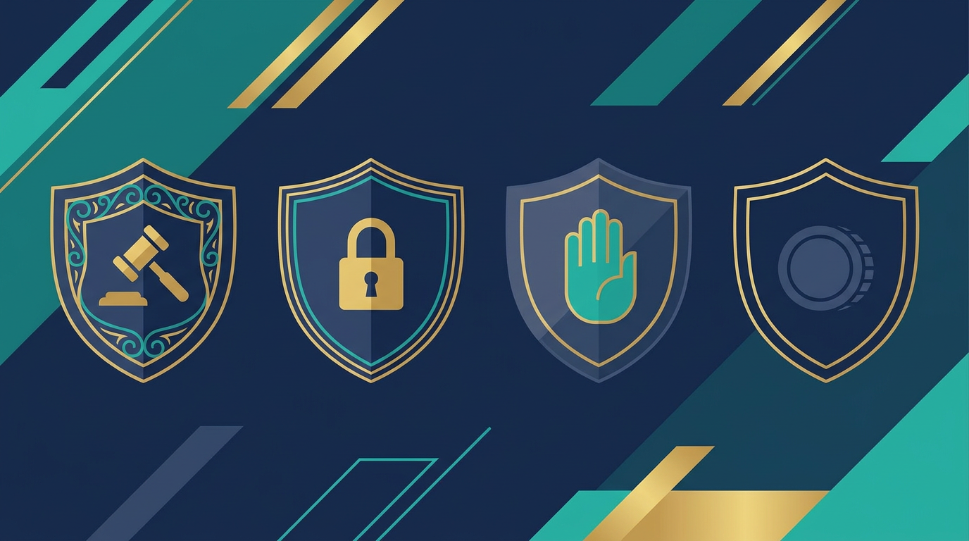 Four shields of decreasing strength illustrating how online casino licences differ in player protection