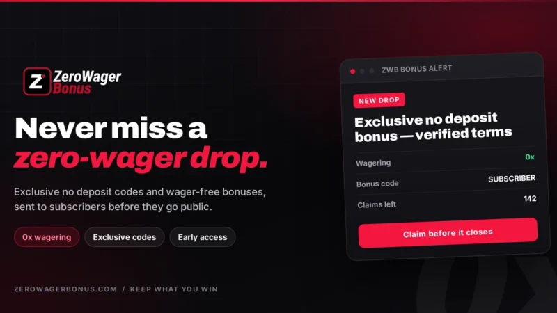 No wager casino bonus alerts newsletter from ZeroWagerBonus — exclusive no deposit codes with 0x wagering