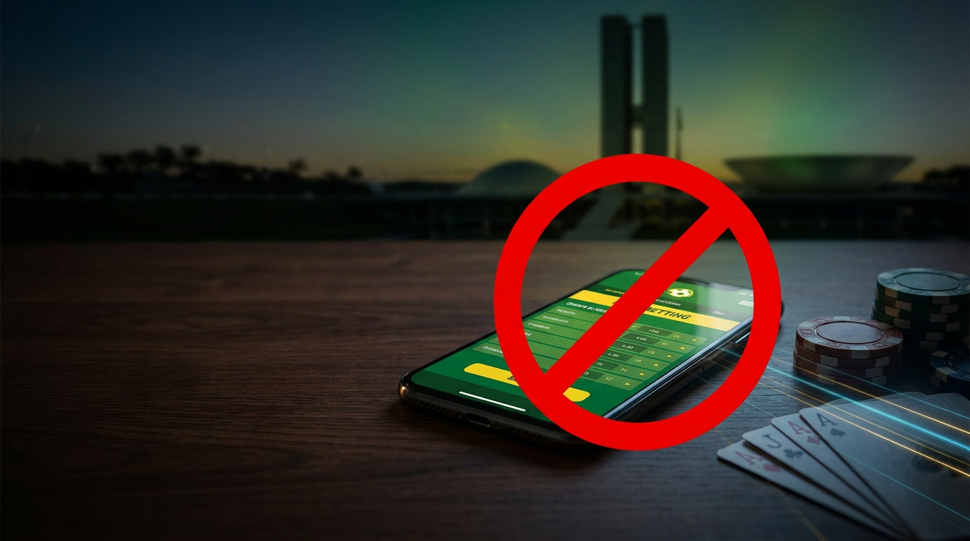 Smartphone showing a crossed-out betting app in front of Brazil's Congress building, illustrating the Brazil betting ban