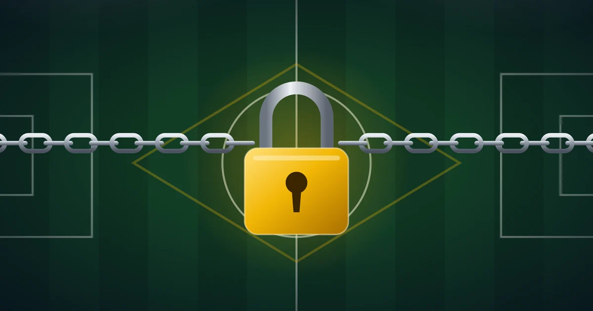 Padlock and chain across a football pitch, representing Brazil's online betting ban