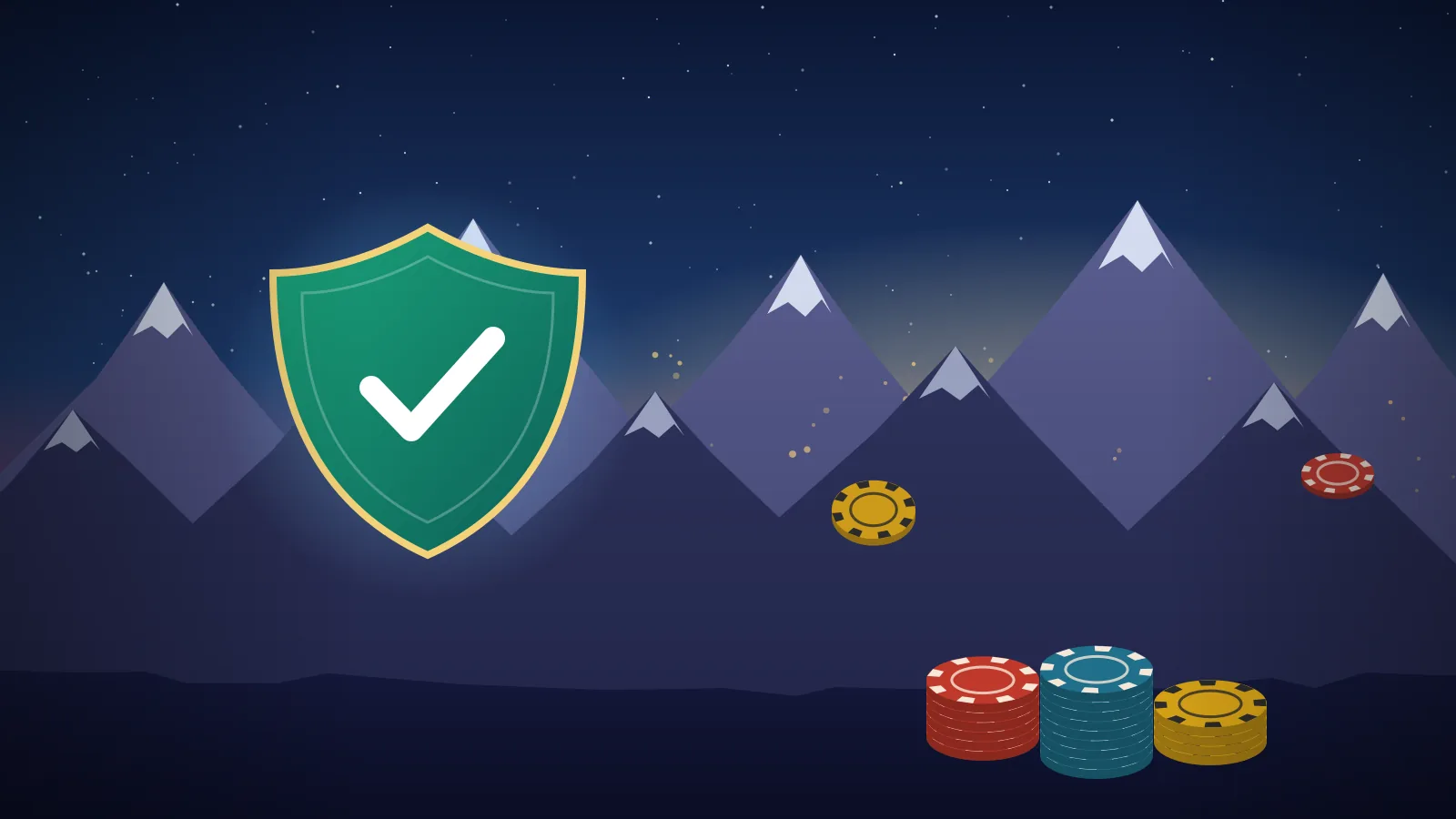 Illustration of a green shield with a white tick in front of snow-capped Rocky Mountain peaks, with stacks of red, blue and yellow casino chips, representing Alberta’s licensed online casino market.