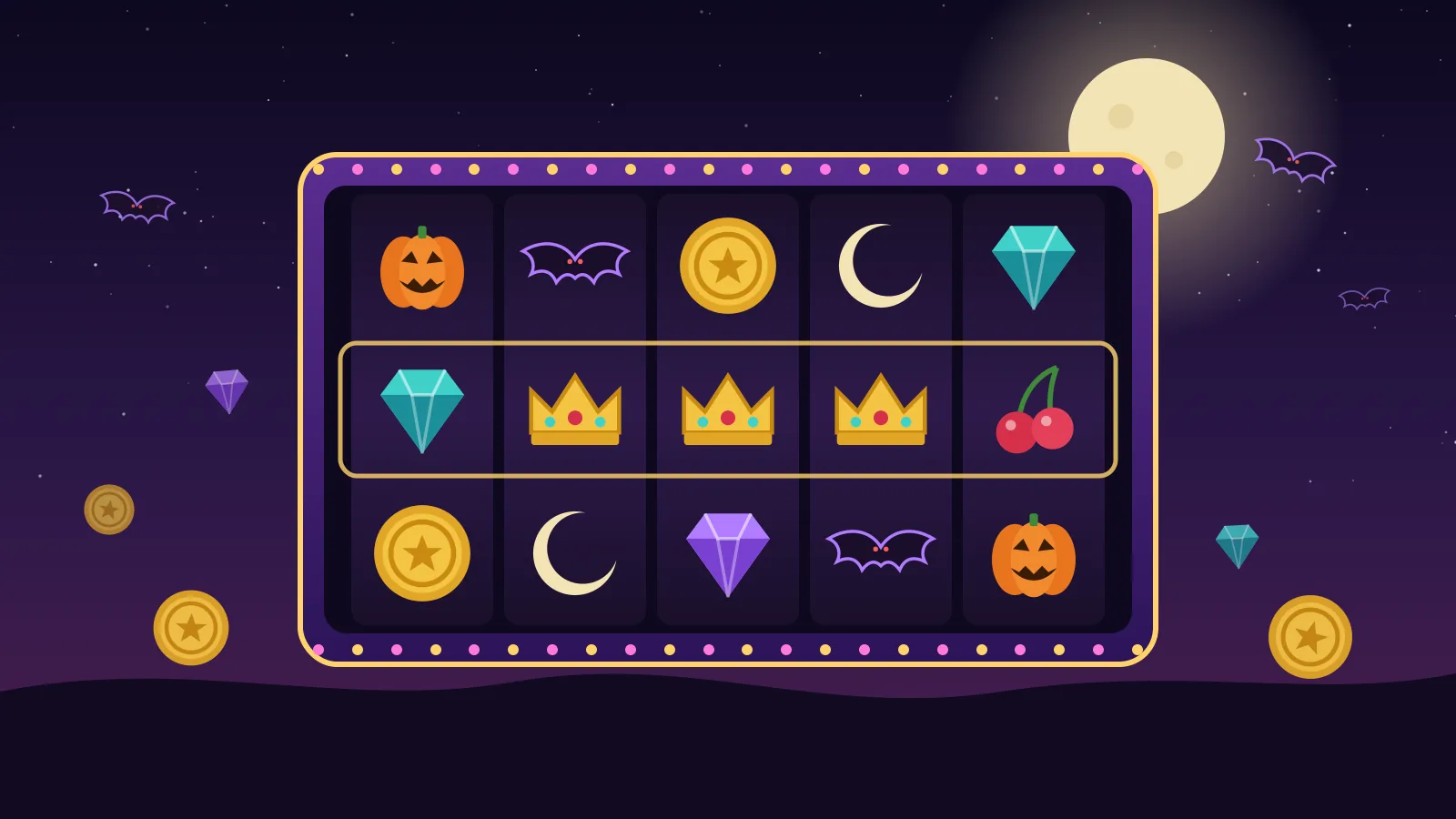 Illustration of a Halloween-themed slot machine with pumpkin, bat, crescent moon, gem, coin and crown symbols on five reels, set under a full moon to represent the new slot releases of October 2026.